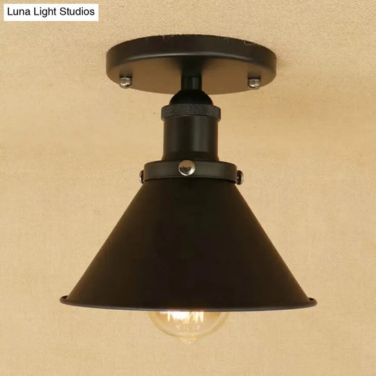 Industrial Iron Cone Shade 1-Light Ceiling Lamp: Rust/Black/Copper Semi Mount Lighting Black