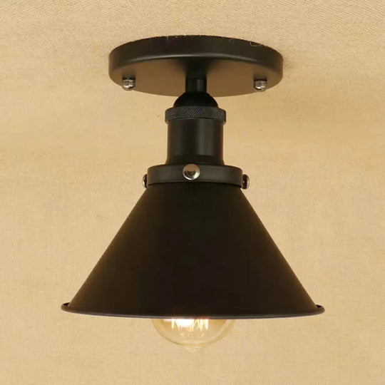 Industrial Iron Cone Shade 1 - Light Ceiling Lamp: Rust/Black/Copper Semi Mount Lighting Black