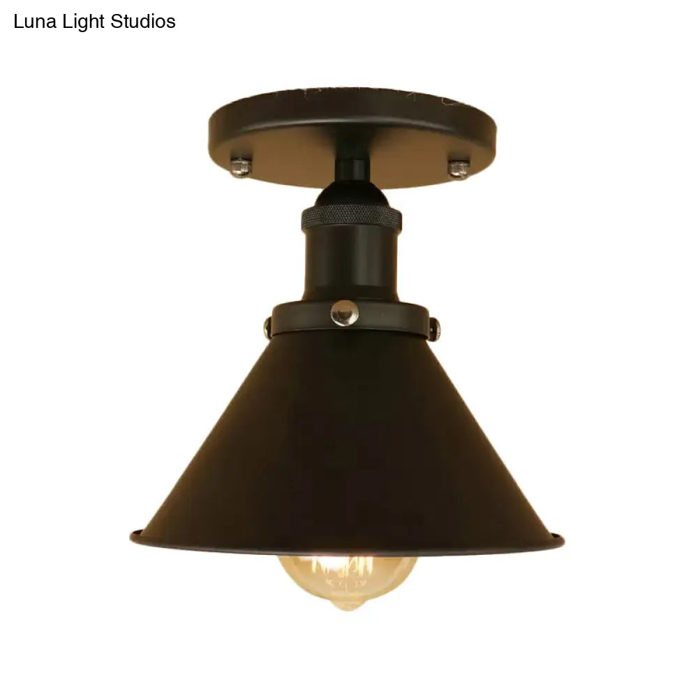 Industrial Iron Cone Shade 1-Light Ceiling Lamp: Rust/Black/Copper Semi Mount Lighting