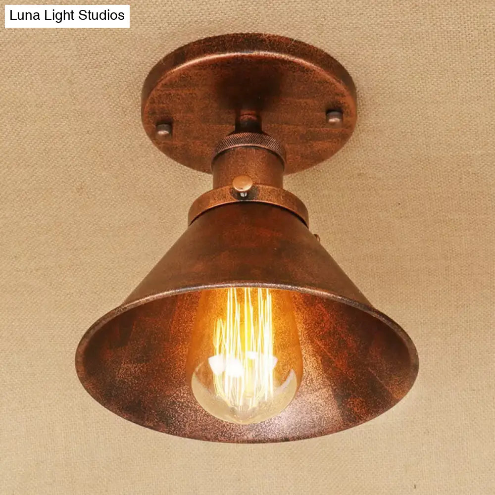 Industrial Iron Cone Shade 1-Light Ceiling Lamp: Rust/Black/Copper Semi Mount Lighting Rust