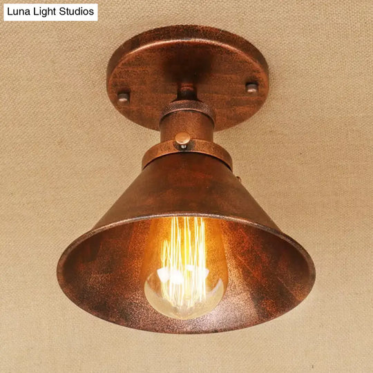 Industrial Iron Cone Shade 1-Light Ceiling Lamp: Rust/Black/Copper Semi Mount Lighting Rust