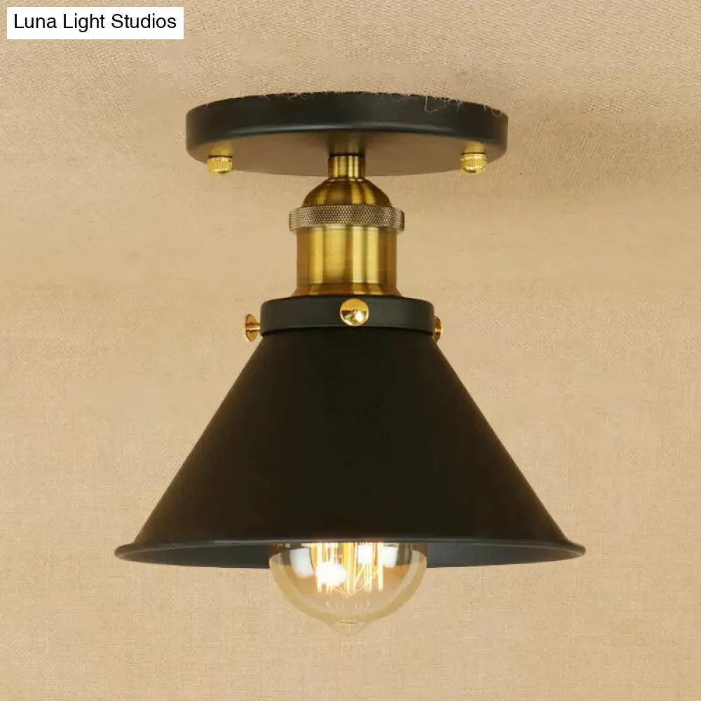 Industrial Iron Cone Shade 1-Light Ceiling Lamp: Rust/Black/Copper Semi Mount Lighting Black-Gold