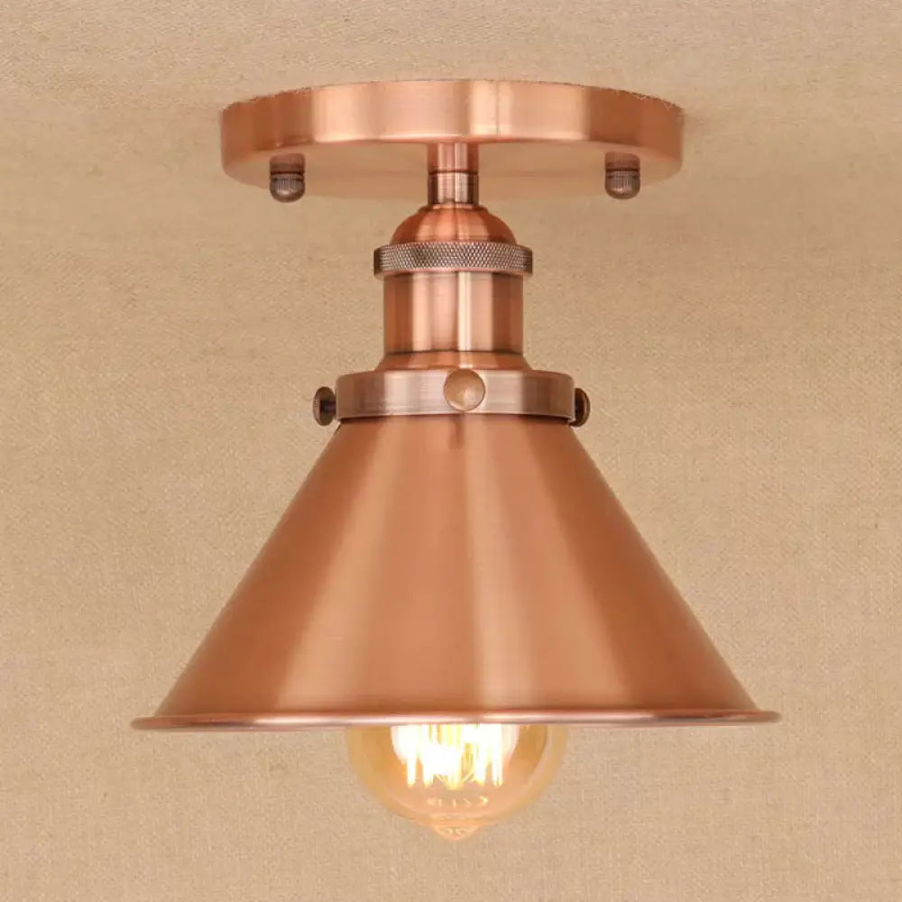 Industrial Iron Cone Shade 1 - Light Ceiling Lamp: Rust/Black/Copper Semi Mount Lighting Copper