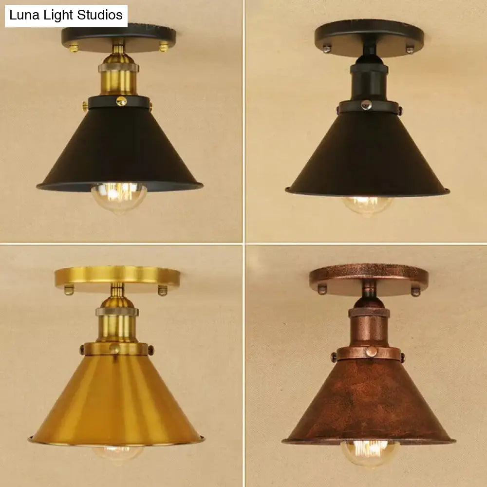 Industrial Iron Cone Shade 1-Light Ceiling Lamp: Rust/Black/Copper Semi Mount Lighting