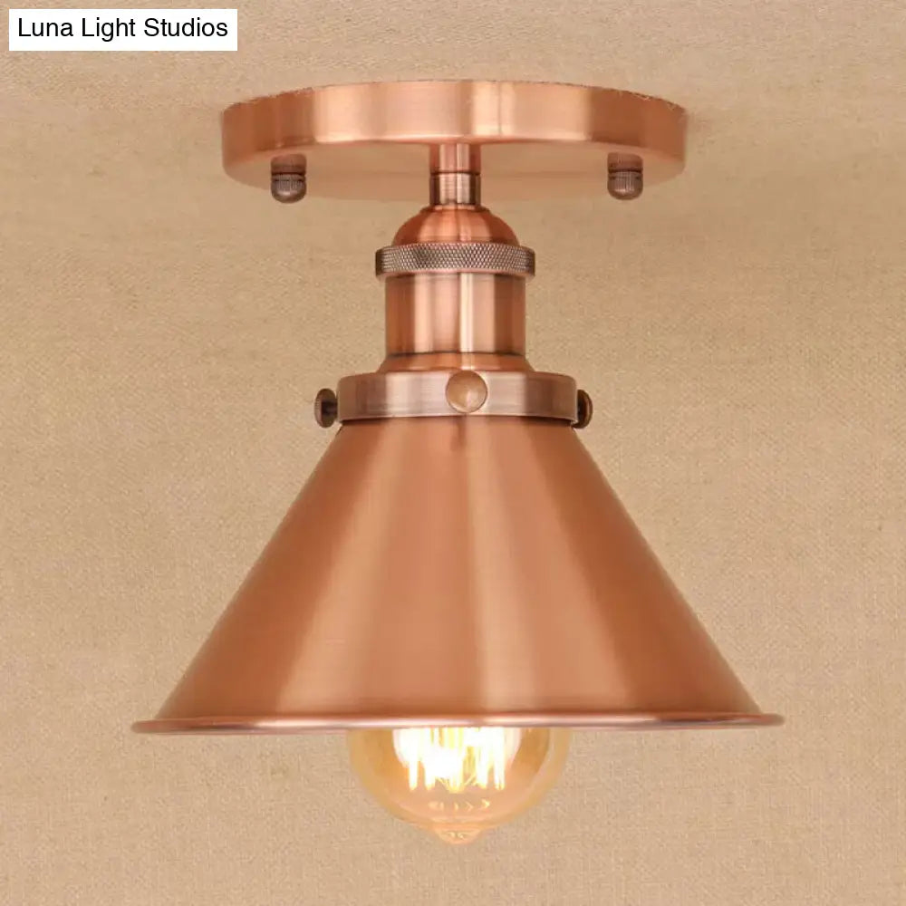 Industrial Iron Cone Shade 1-Light Ceiling Lamp: Rust/Black/Copper Semi Mount Lighting Copper