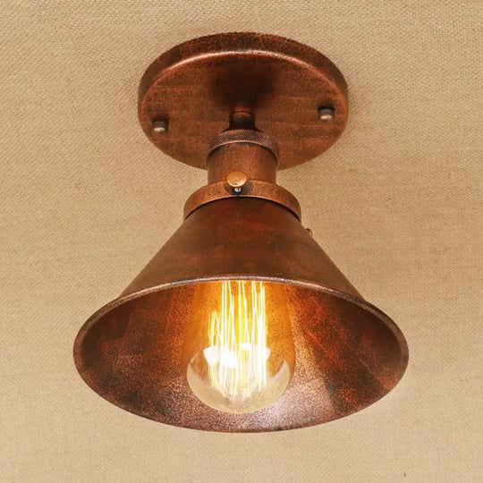 Industrial Iron Cone Shade 1 - Light Ceiling Lamp: Rust/Black/Copper Semi Mount Lighting Rust