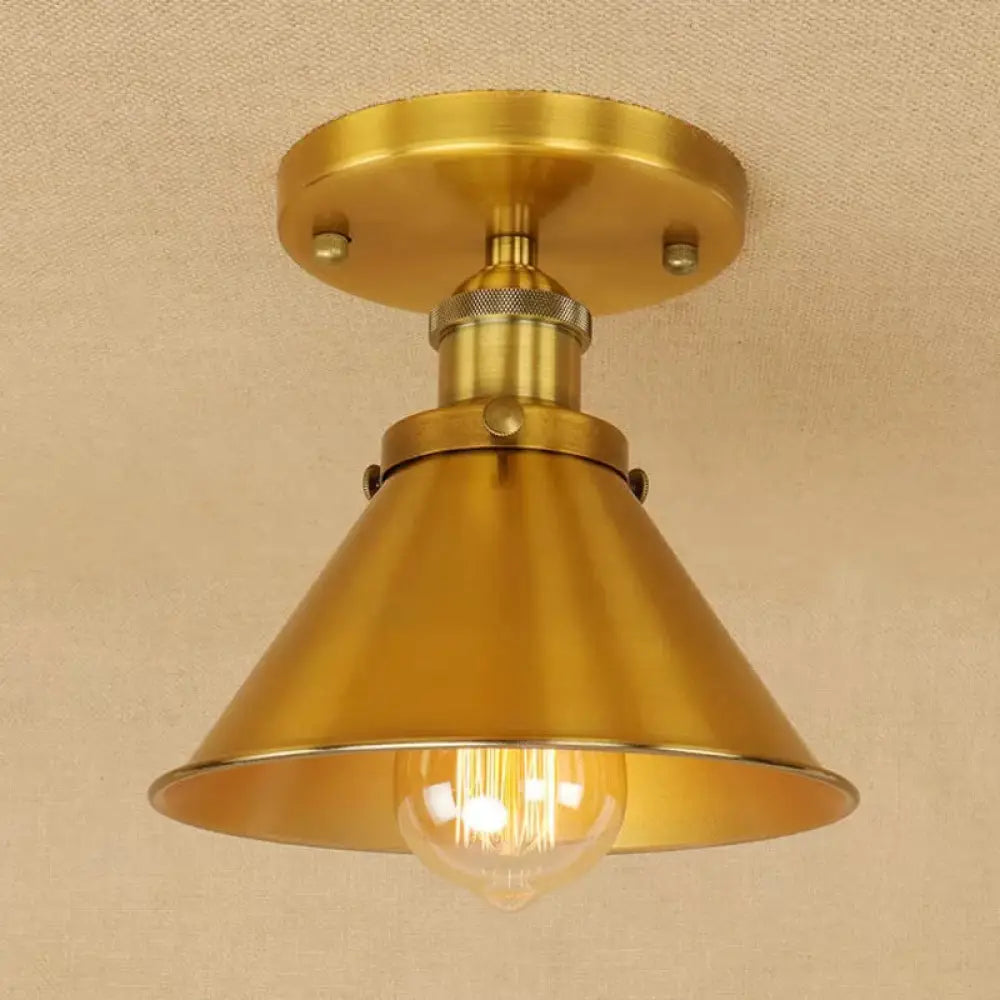 Industrial Iron Cone Shade 1 - Light Ceiling Lamp: Rust/Black/Copper Semi Mount Lighting Bronze