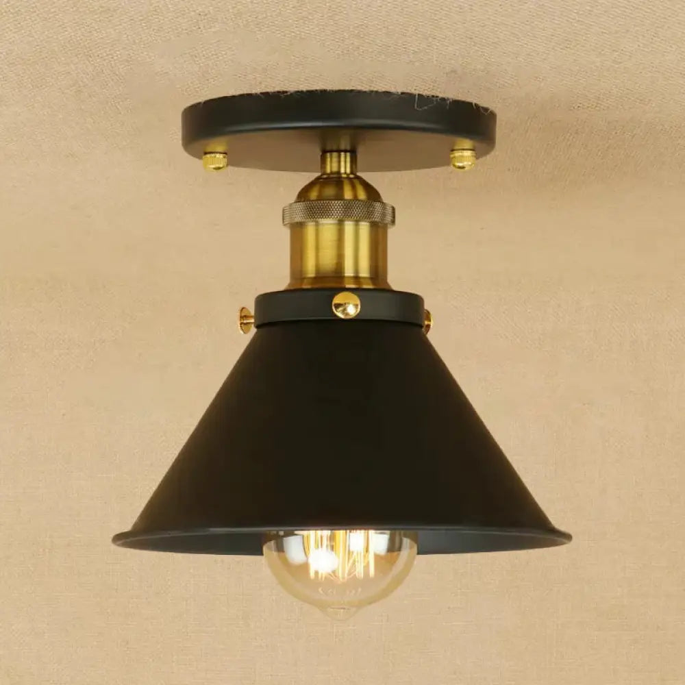 Industrial Iron Cone Shade 1 - Light Ceiling Lamp: Rust/Black/Copper Semi Mount Lighting Black -
