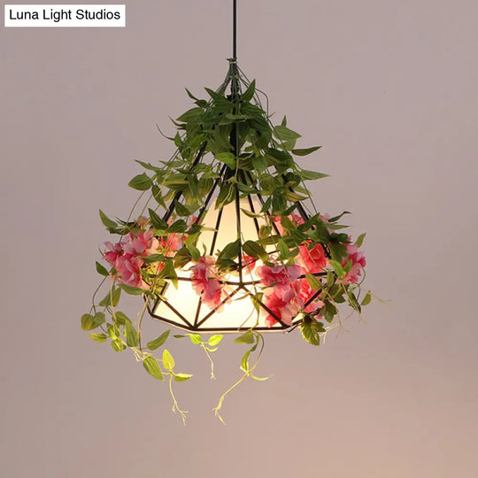 Industrial Iron Diamond Cage Pendant Ceiling Lamp With Cherry Blossom Decor - White/Pink