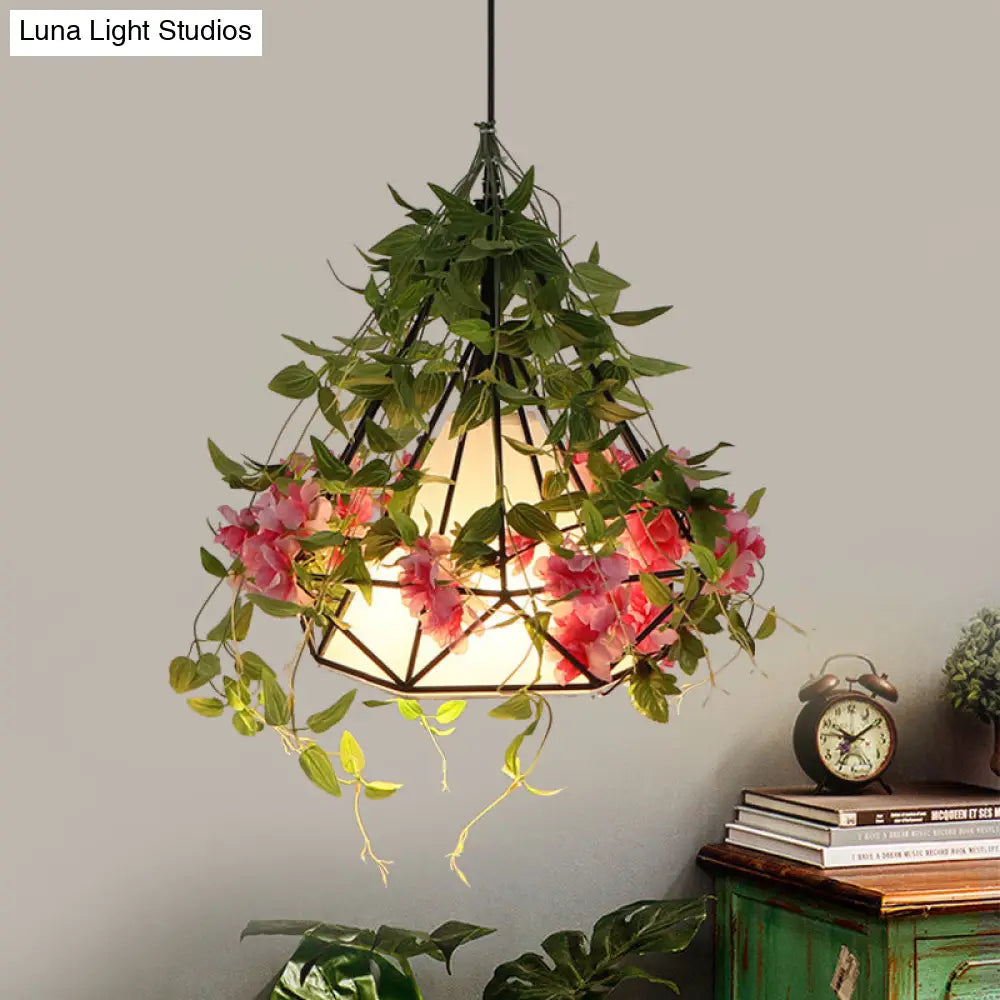 Industrial Iron Diamond Cage Pendant Ceiling Lamp With Cherry Blossom Decor - White/Pink