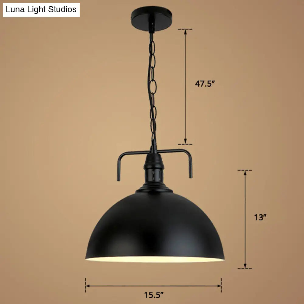 Dome Industrial Iron Pendant Light - Single Black Finish Dining Room Hanging Lamp With Vent / 16