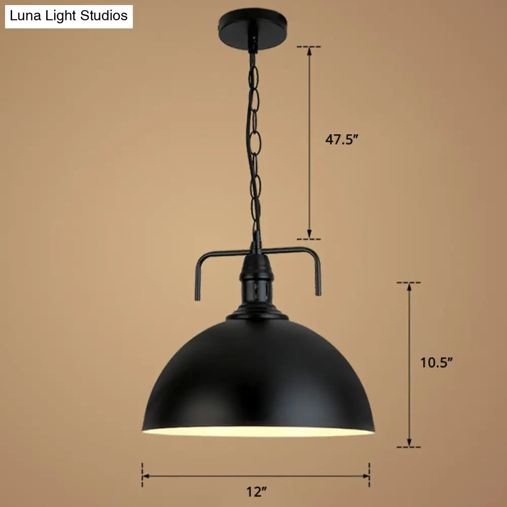 Dome Industrial Iron Pendant Light - Single Black Finish Dining Room Hanging Lamp With Vent / 12