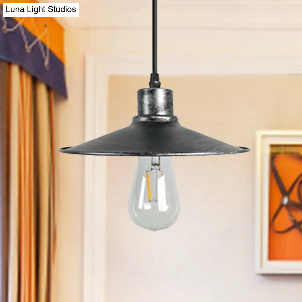 Industrial Iron Pendant Ceiling Light With Flared Shade - Antique Brass/Rust Finish 1 Bulb Aged