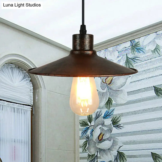 Industrial Iron Pendant Ceiling Light With Flared Shade - Antique Brass/Rust Finish 1 Bulb