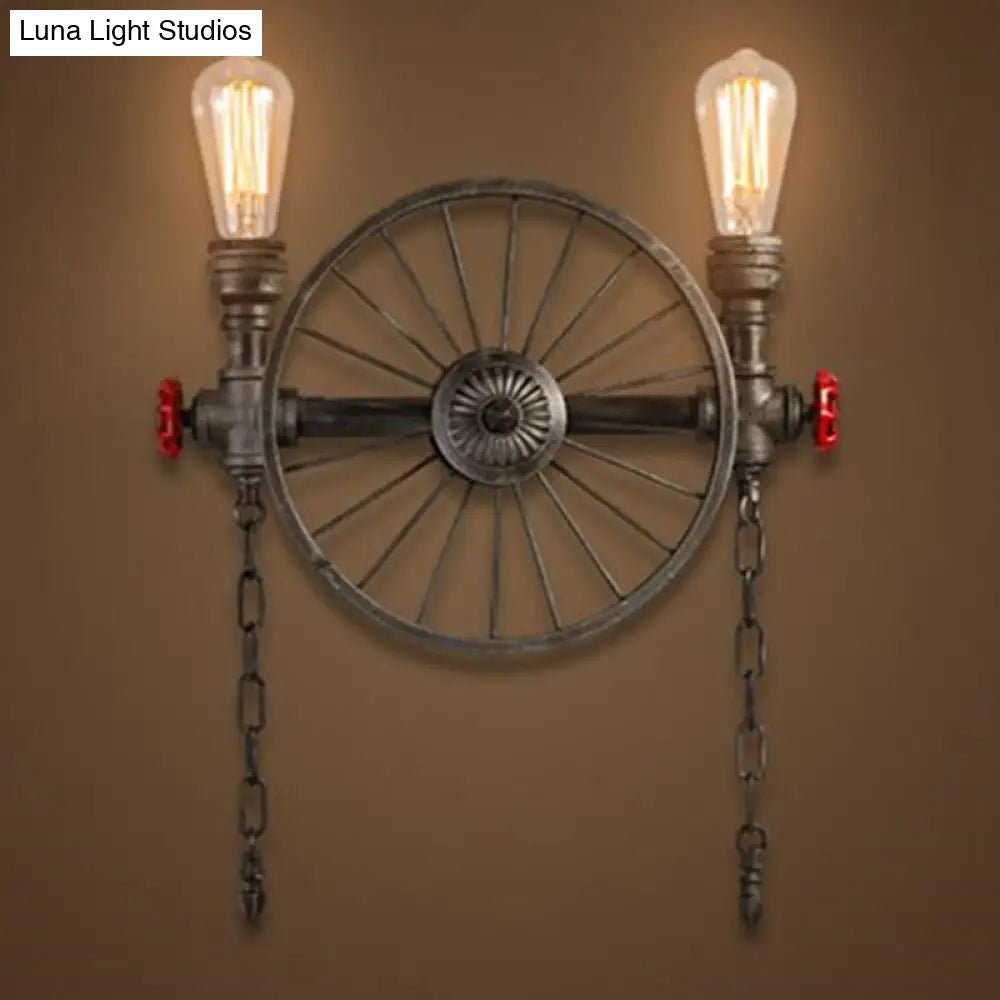 Industrial Iron Garage Sconce Lamp - Black Wheel Wall Mounted Light With Chain And Valve