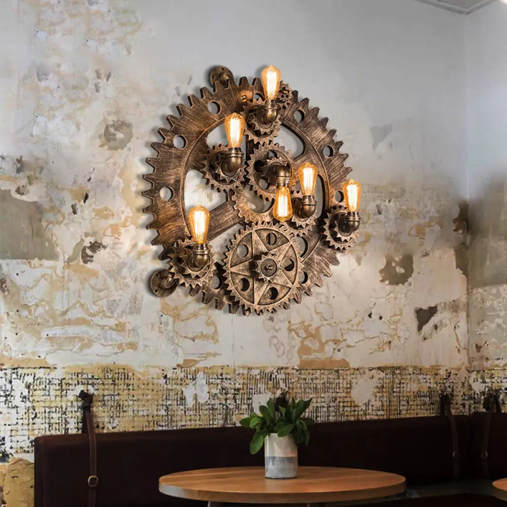 Industrial Iron Gear Wall Mount Sconce With Brass Finish And Exposed Bulb Design - 6 Lights