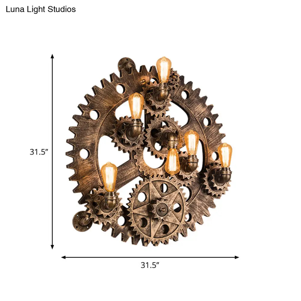 Industrial Iron Gear Wall Mount Sconce With Brass Finish And Exposed Bulb Design - 6 Lights