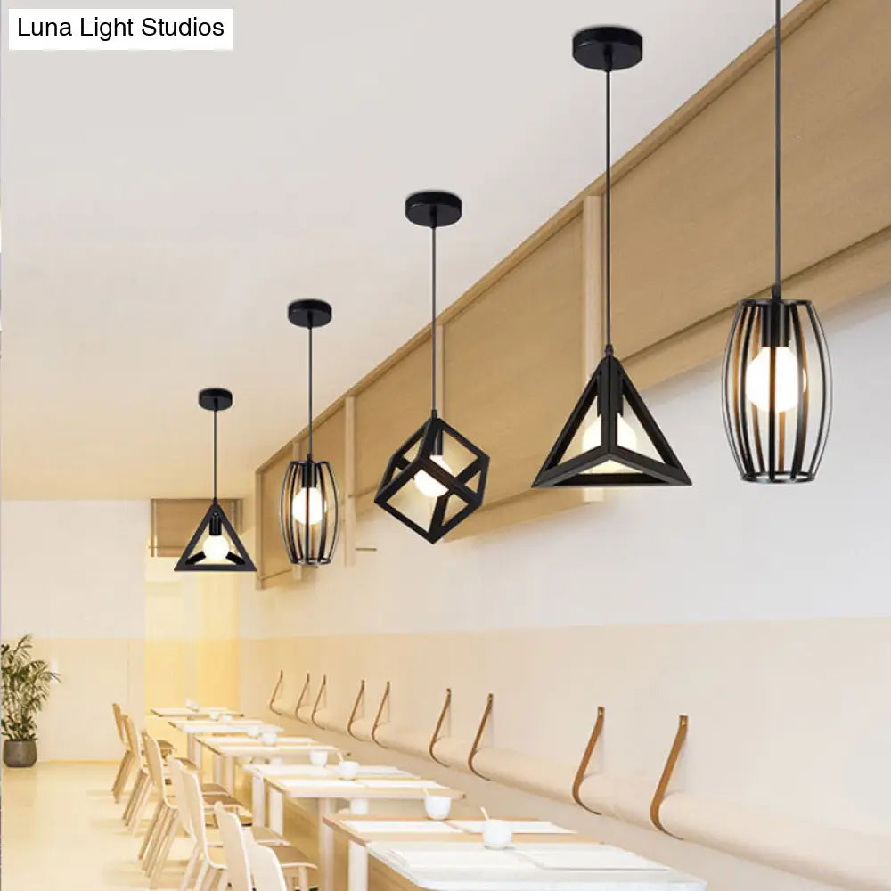 Black Geometric Cage Suspension Lamp: Industrial Iron Hanging Ceiling Light For Restaurants