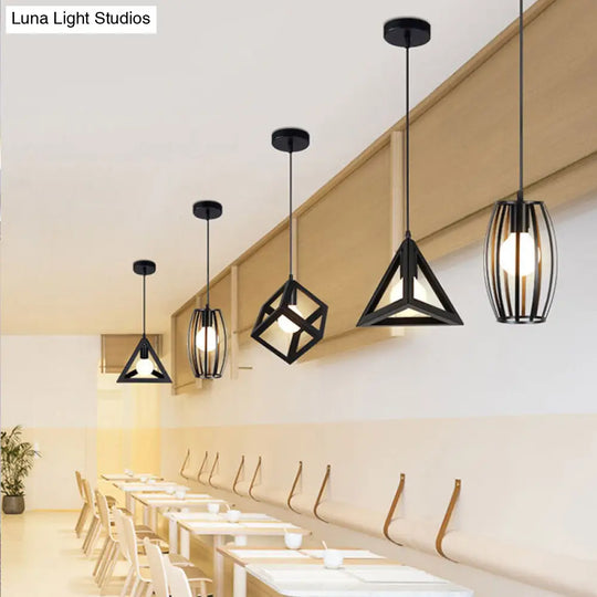 Black Geometric Cage Suspension Lamp: Industrial Iron Hanging Ceiling Light For Restaurants