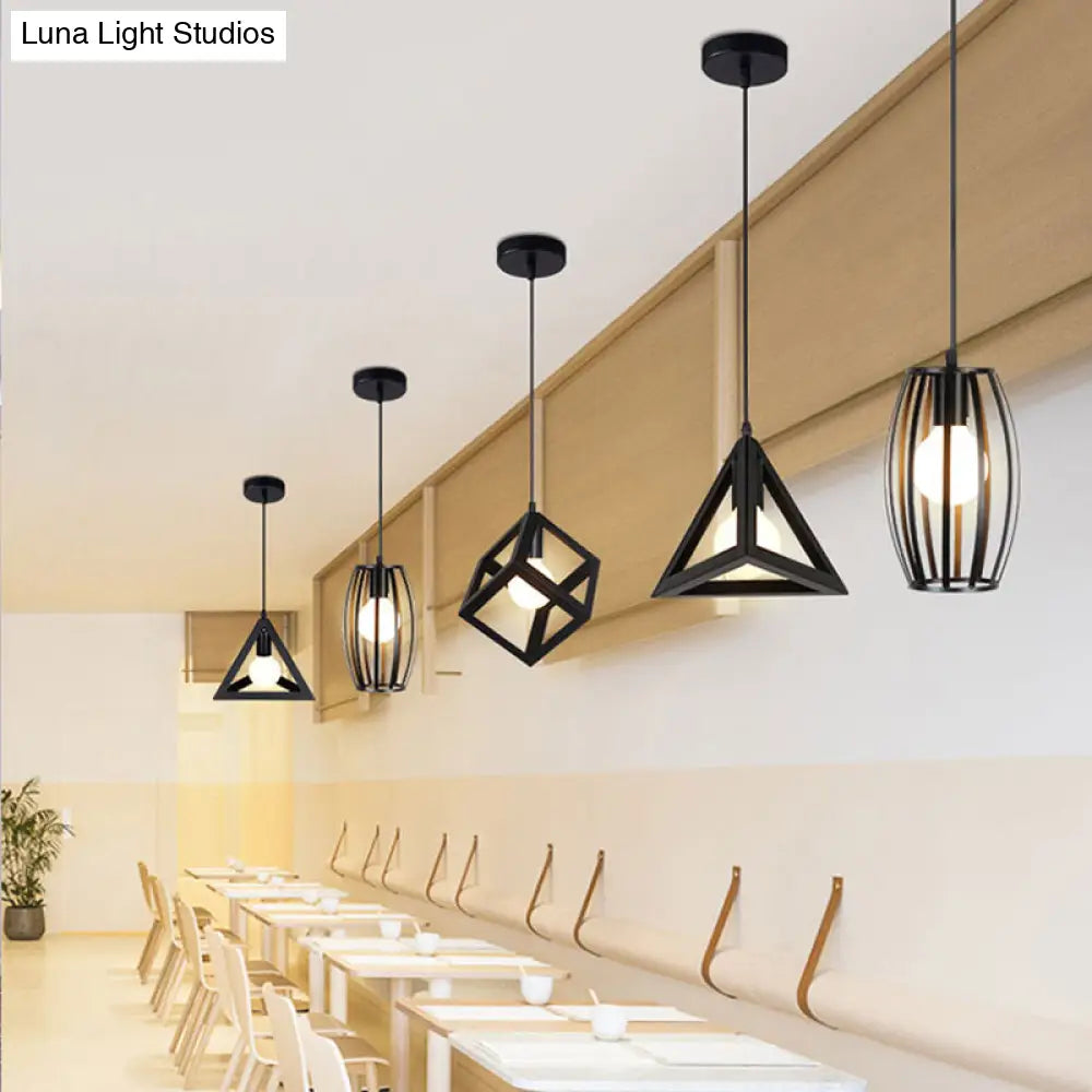 Industrial Iron Geometric Cage Hanging Ceiling Light - Black Suspension Lamp For Restaurants