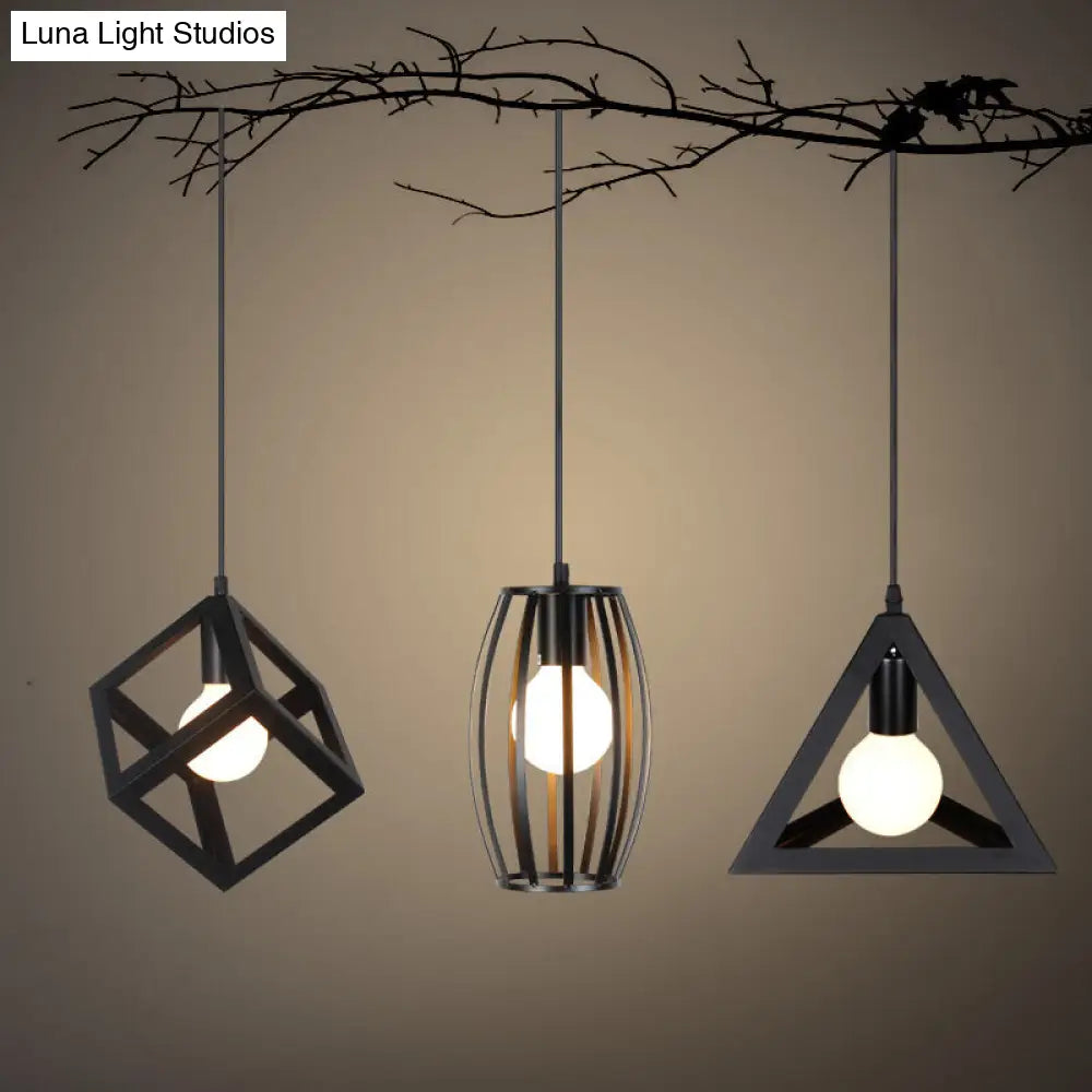 Black Geometric Cage Suspension Lamp: Industrial Iron Hanging Ceiling Light For Restaurants