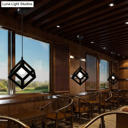 Black Geometric Cage Suspension Lamp: Industrial Iron Hanging Ceiling Light For Restaurants / Square