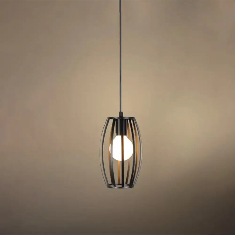 Industrial Iron Geometric Cage Hanging Ceiling Light - Black Suspension Lamp For Restaurants /