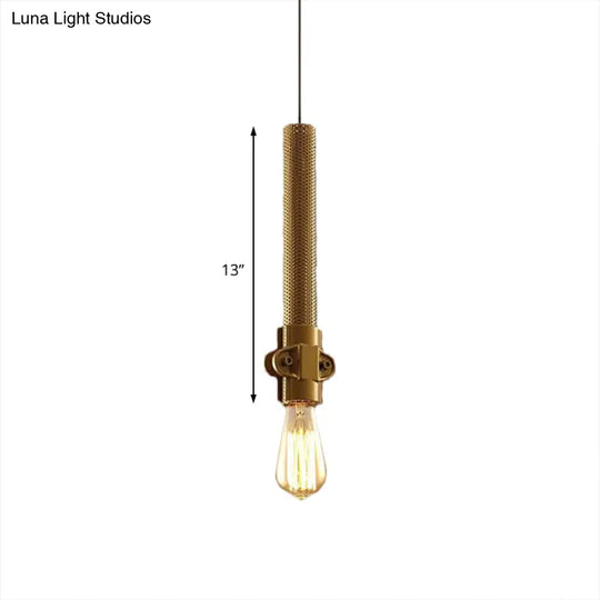 Industrial Iron Hanging Lamp With Gold Finish Exposed Bulb And Mesh Detail