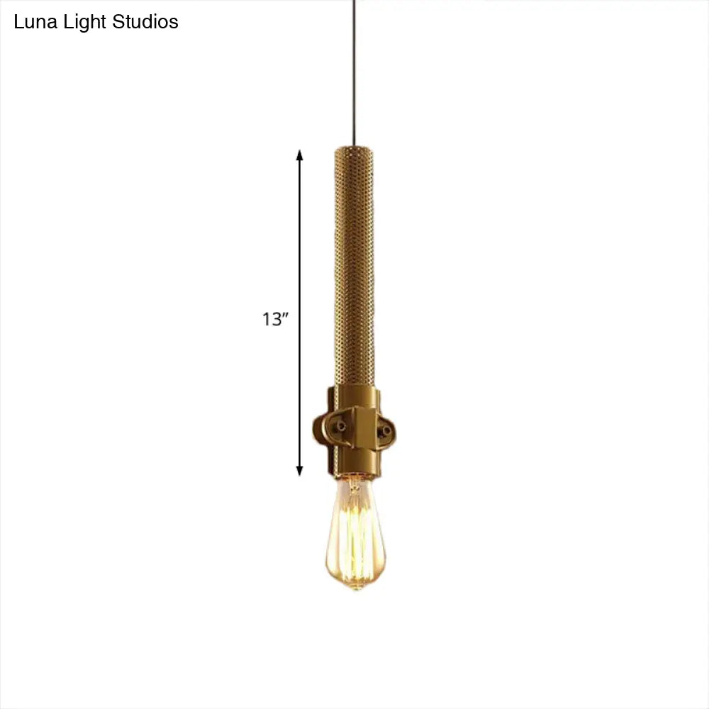 Industrial Iron Hanging Lamp With Gold Finish And Mesh Detail - 1 Bulb Ceiling Light Fixture