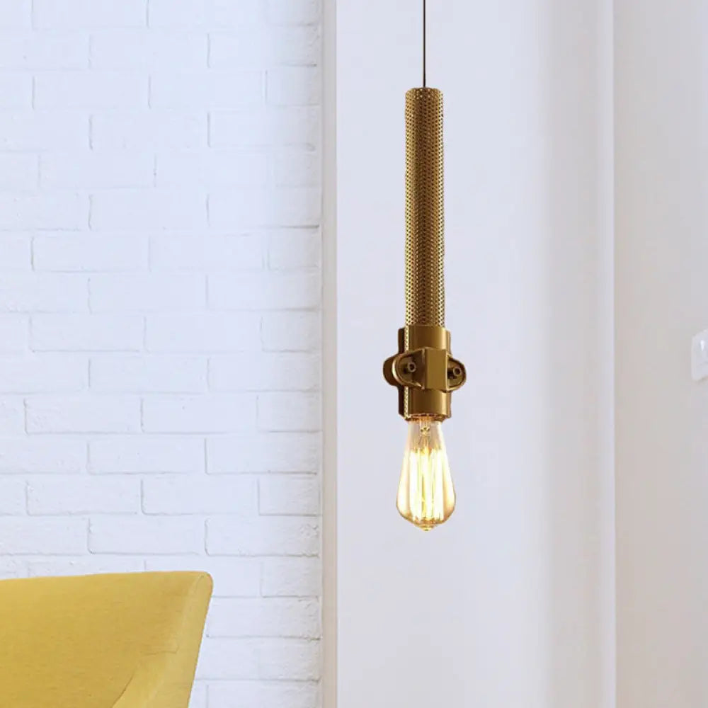 Industrial Iron Hanging Lamp With Gold Finish And Mesh Detail - 1 Bulb Ceiling Light Fixture