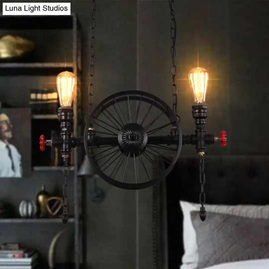 Industrial Iron Hanging Light Fixture - Wheel Piping 2/3/4 Heads Black For Living Room Island