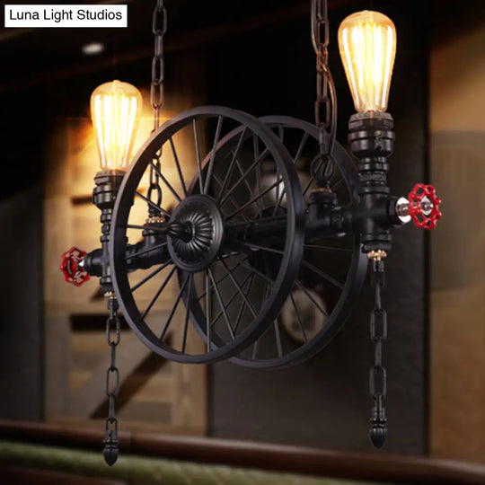 Industrial Iron Hanging Light Fixture - Wheel Piping 2/3/4 Heads Black For Living Room Island