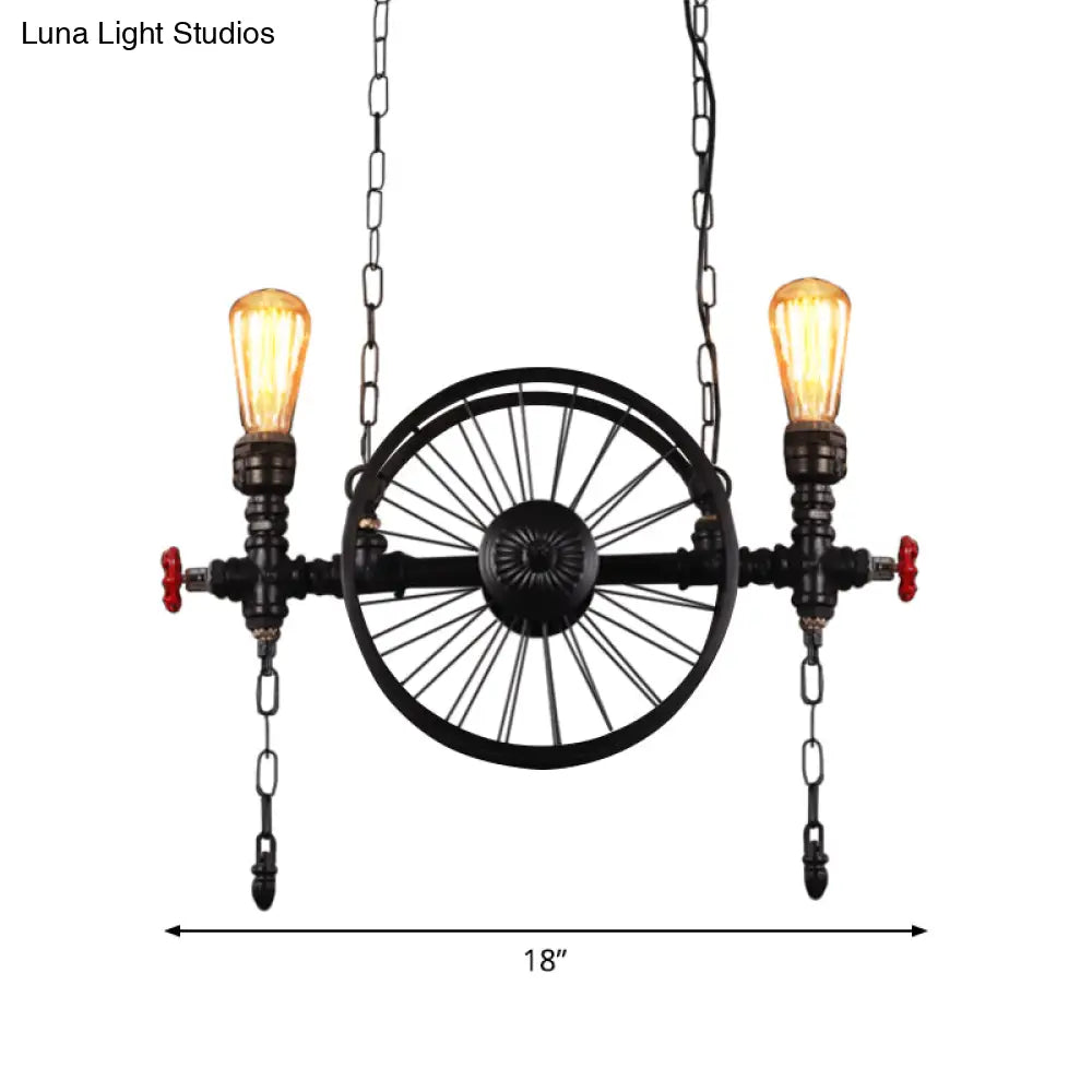 Industrial Iron Hanging Light Fixture - Wheel Piping 2/3/4 Heads Black For Living Room Island