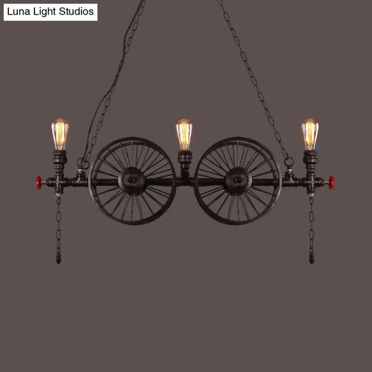 Industrial Iron Hanging Light Fixture - Wheel Piping 2/3/4 Heads Black For Living Room Island