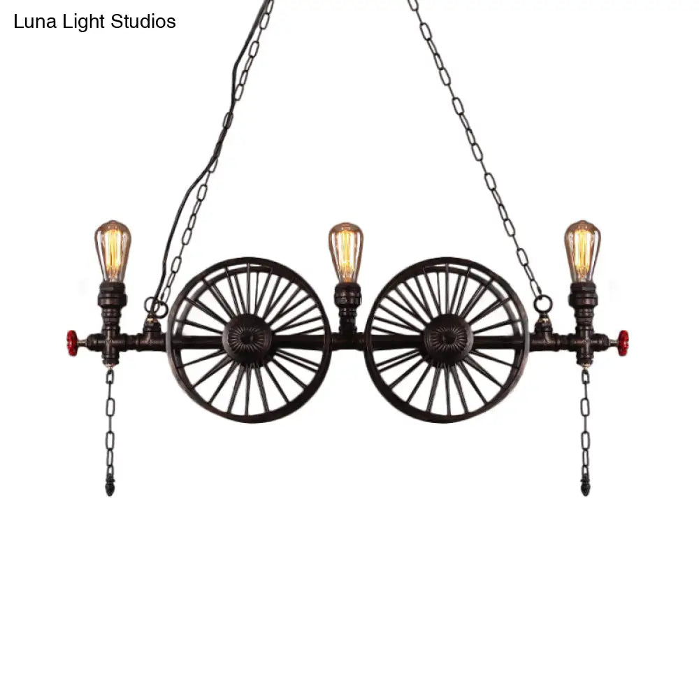 Industrial Iron Hanging Light Fixture - Wheel Piping 2/3/4 Heads Black For Living Room Island