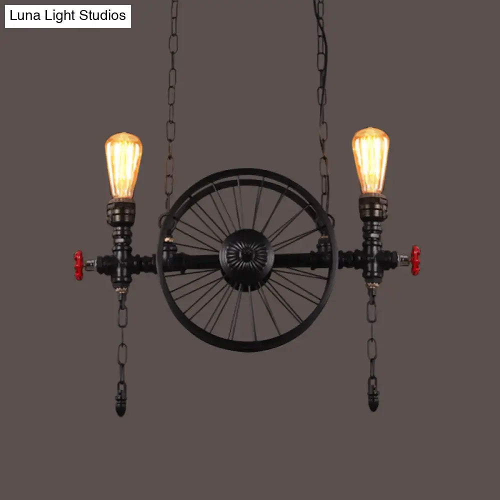 Industrial Iron Hanging Light Fixture - Wheel Piping 2/3/4 Heads Black For Living Room Island