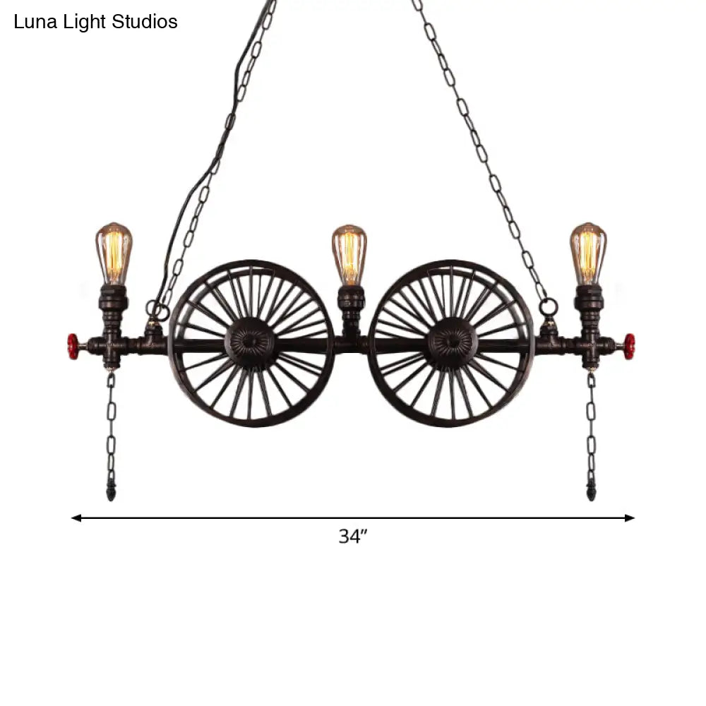 Industrial Iron Hanging Light Fixture - Wheel Piping 2/3/4 Heads Black For Living Room Island