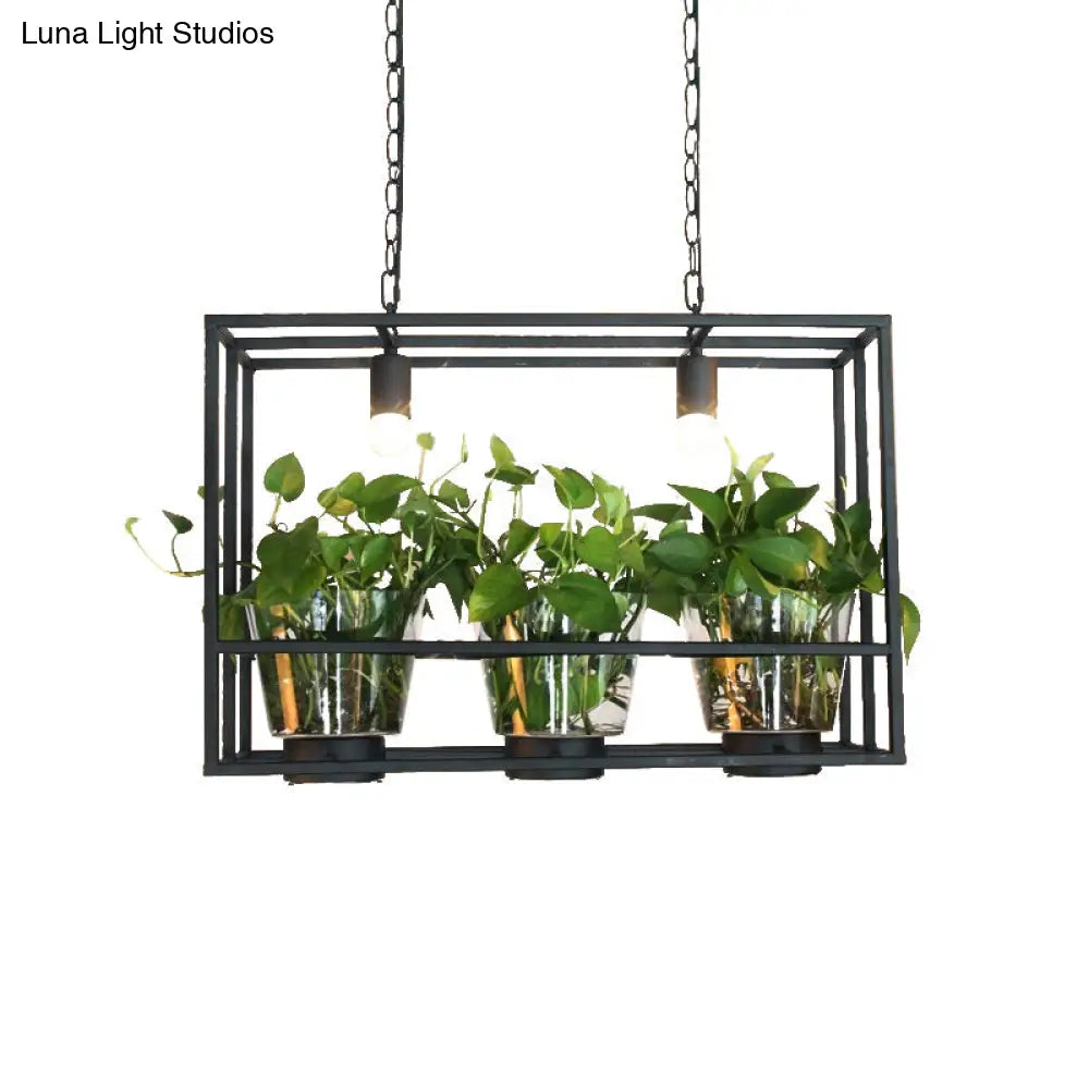 Industrial Iron Island Lamp With 3 Pendant Lights And Glass Plant Pot