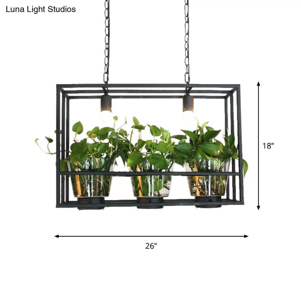 Industrial Iron Island Lamp With 3 Pendant Lights And Glass Plant Pot