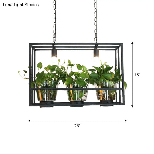 Industrial Iron Island Lamp With 3 Pendant Lights And Glass Plant Pot