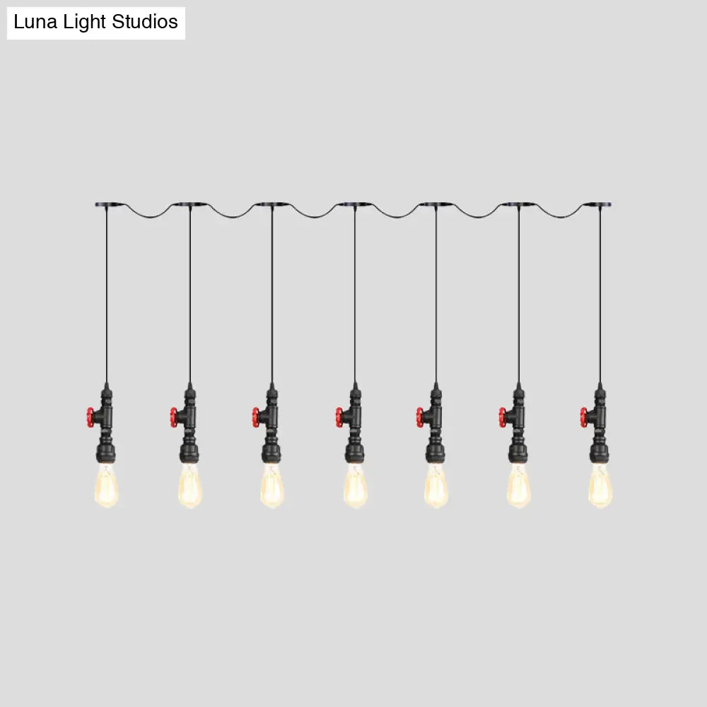 Industrial Iron Multi Pendant Light With Black Finish - 5/7 Bulbs Tandem Hanging Lamp