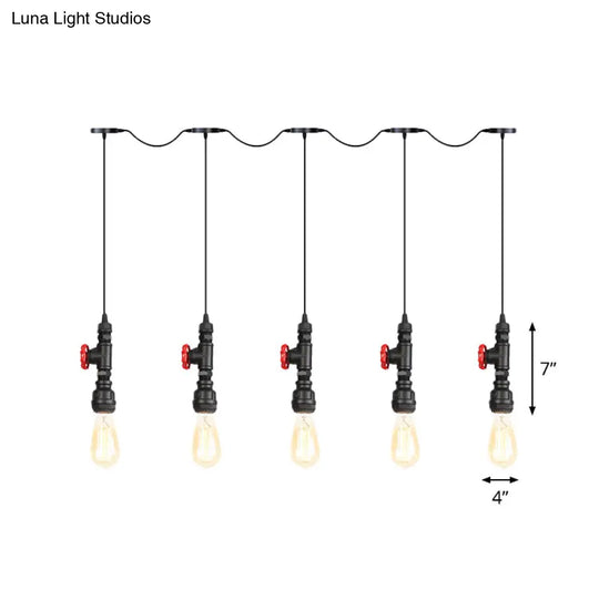 Industrial Iron Multi Pendant Light With Black Finish - 5/7 Bulbs Tandem Hanging Lamp
