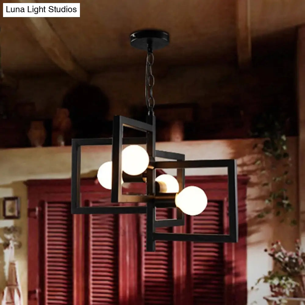 Industrial Iron Pendant Chandelier With 4 Lights For Square Living Rooms - Black