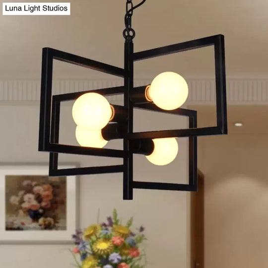 Industrial Iron Pendant Chandelier With 4 Lights For Square Living Rooms - Black