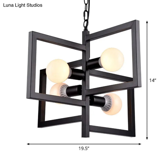 Industrial Iron Pendant Chandelier With 4 Lights For Square Living Rooms - Black