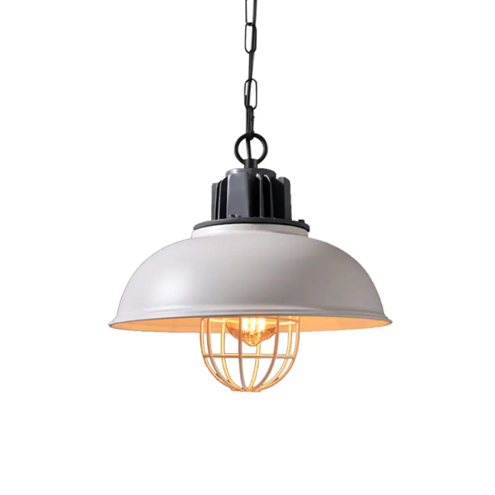 Industrial Iron Pendant Light - Bowl Dining Room Suspension Lighting With Cage Black/White White