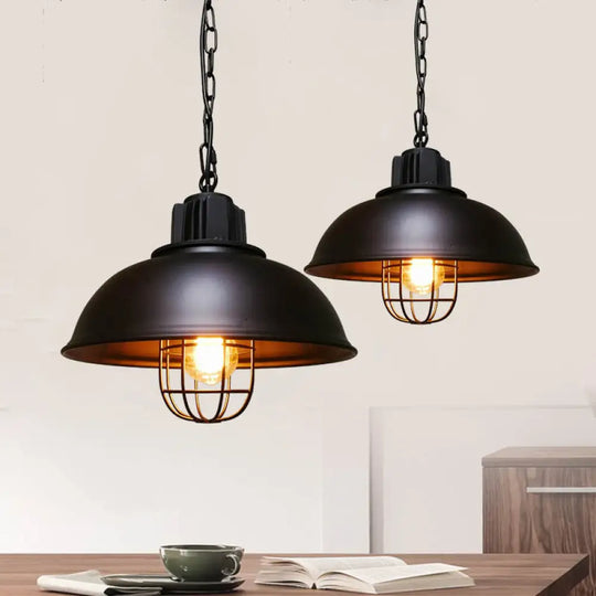Industrial Iron Pendant Light - Bowl Dining Room Suspension Lighting With Cage Black/White Black