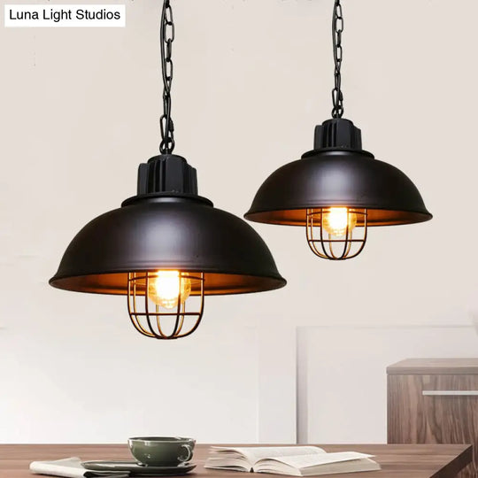 Iron Industrial 1-Head Pendant Light With Cage For Dining Room Bowl Suspension - Black/White Black