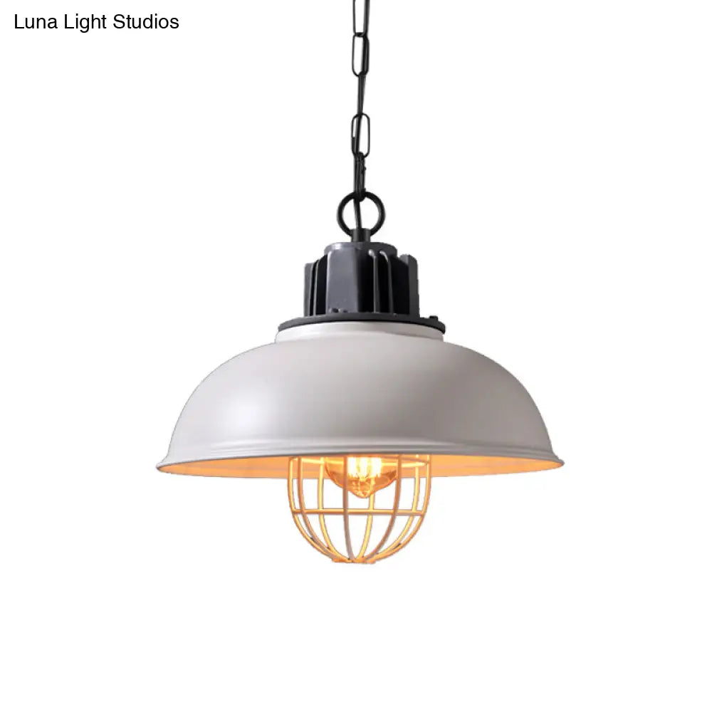 Iron Industrial 1-Head Pendant Light With Cage For Dining Room Bowl Suspension - Black/White White