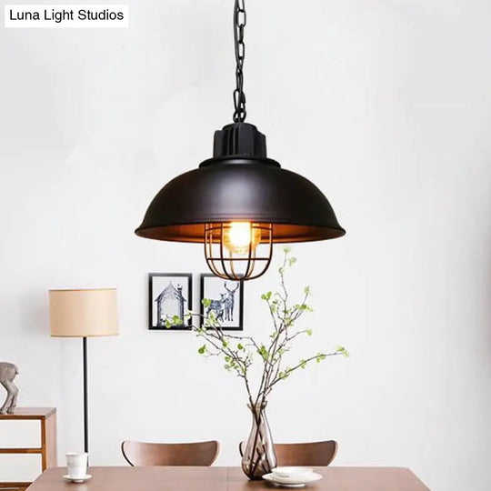 Industrial Iron Pendant Light - Bowl Dining Room Suspension Lighting With Cage Black/White
